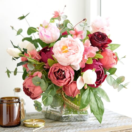 Image of FiveSeasonStuff Country Barn Red Peony Bouquets, 2 Bundles Artificial Silk Flowers with Hydrangeas for Wedding Centerpieces & Home Decor
