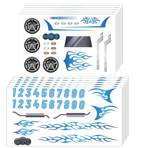 MotiMind 6 Pcs Car Sticker Set Flames Theme Blue Racing Stickers Cool Stripes Numbers Flame Knots and More Decals for Derby