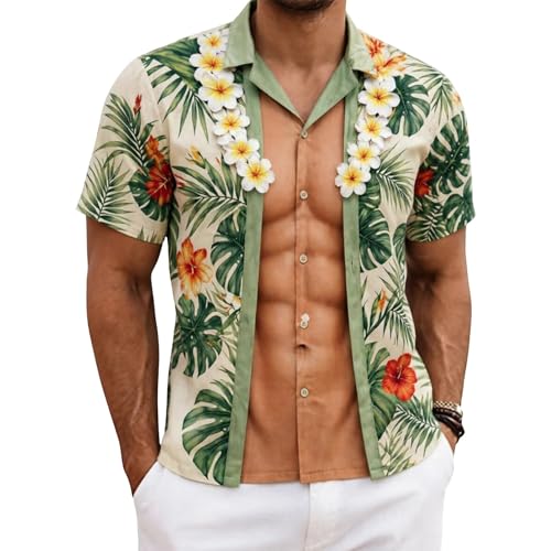 BIBOKAOKE Camisa holgada para hombre con estampado de músculos 3D y corona de flores hawaianas. Camiseta de manga corta estilo trompe-l'œil para despedidas de soltero y fiestas temáticas, divertirse y