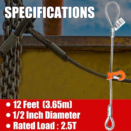 Yatointo GU365 Single Leg Wire Rope Sling 2.5T/5500Lbs Rated Load 12 Feet Length 0.5 Inch Dia Flemish Eye Loop To Heavy-Duty Thimble thumb #2