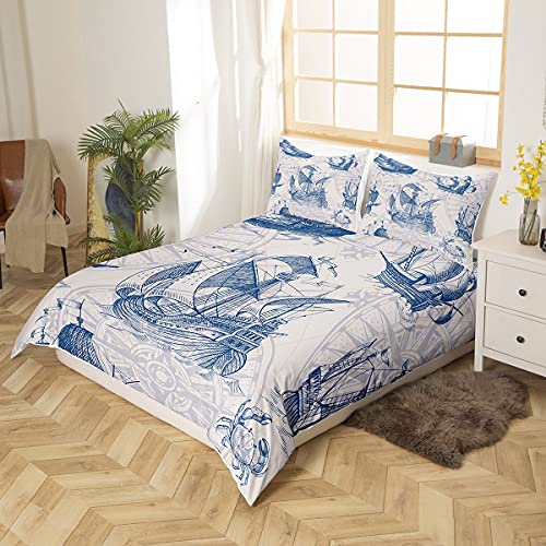 Erosebridal Nautical Decor Duvet Cover Set Sailboat Quilt Cover Set King Size Blue Vintage Style Bedspreads Microfiber Bedding Set For Kids, Teens, Adults #TOP1