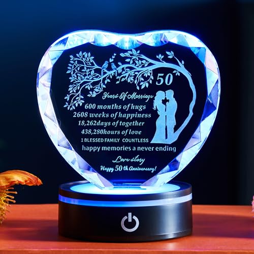 Ghtixsu 50th Wedding Anniversary Crystal Heart Gifts for Parents Couple, Laser Engraved Romantic 50...