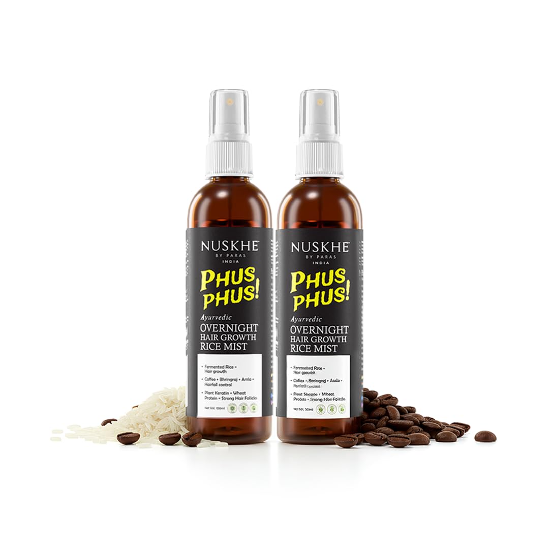 - phus phus Ayurvedic Overnight Hair Growth Rice Mist Spray for men women – Fermented Rice Water with Coffee, Bhringraj & Amla for Stronger, Thicker Hair, Hair Fall Control & Scalp Nourishment – 2 Pack (100 ml)