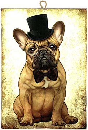 KUSTOM ART CUCUBA Quadro Quadretto Stile Vintage Serie Animali Cane Bulldog Francese con il Cappello Cilindro Stampa Su Legno 25 x18 cm