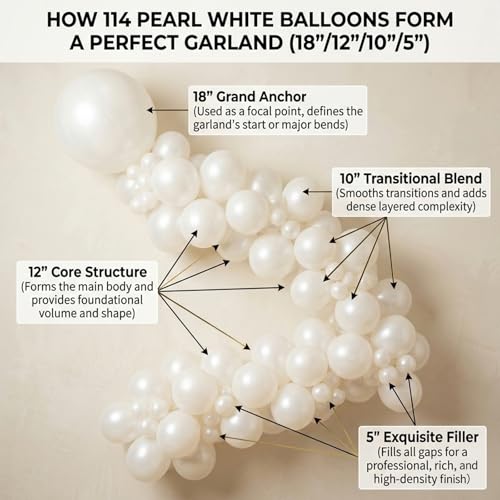 Image of 114pcs Pearl White Balloons Different Sizes, 18 12 10 5 inch Pearl Balloons Garland Arch kit for Bridal Baby Shower Engagement Wedding Birthday Valentine's Party Decorations