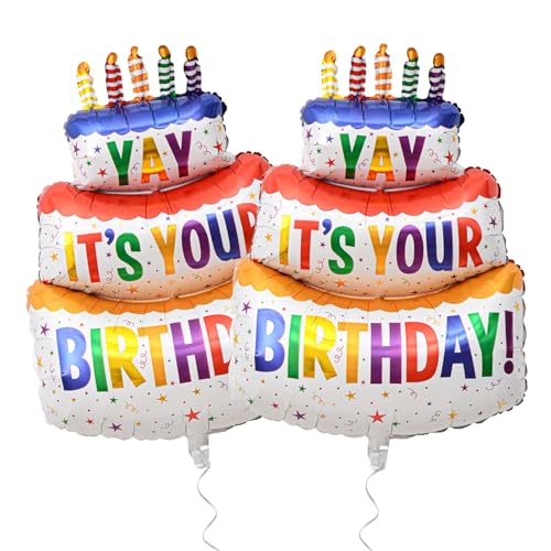 Image of 2PCS Happy Birthday Cake Foil Balloons, 40 inch Large Three-Layer Mylar Birthday Balloons, Yay Balloon for Girls Boys Kids Baby Shower Party Decorations, Multicolored