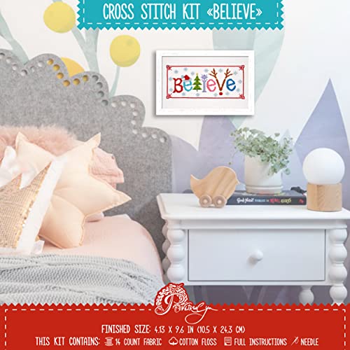 Counted Cross Stitch Kit 'Believe' - Embroidery Set For The Holidays, Encouragement, Or Inspiring Everyday Possibilities With A Christmas Tree, Snowflake, Deer And Santa Hat #TOP6