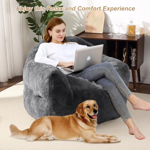 Image of GarveeHome Bean Bag Chair, 39 inch Bean Bag Couch Kids Bean Bag Chair with Filler Included, Beanbag Chair Soft Adult Bean Bag Sofa Chair Floor Sofa for Gaming Reading, Dark Grey