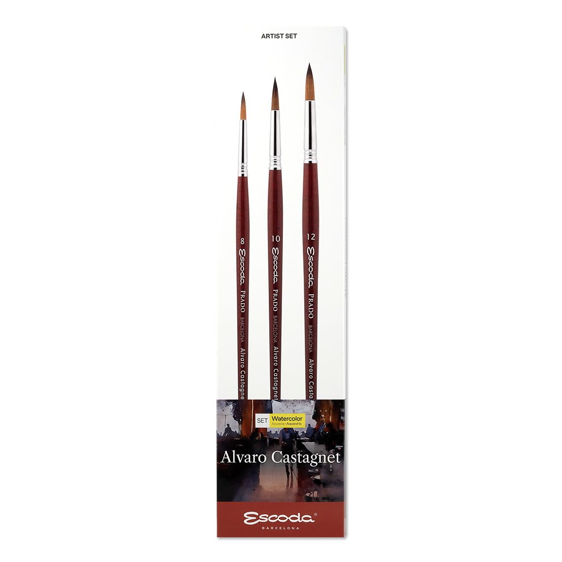 ESCODA Set 3 Pinceles Acuarela - N.8,10,12 Redondo Punta Pelo Sintético Set 1 Alvaro Castagnet Serie Prado Profesional Fabricado a Mano en España.