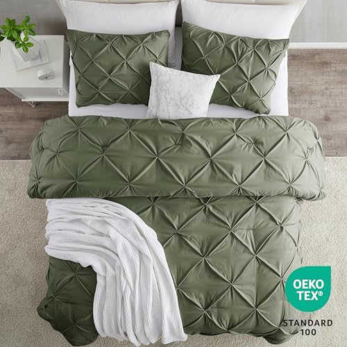 Image of Nestl Olive Green Duvet Cover Full Size - Soft Double Brushed Duvet Set with Button Closure & Corner Ties, 3 Piece Luxurious Pinch Pleated Duvet Cover Set 80x90 Inches with 2 Pillow Shams