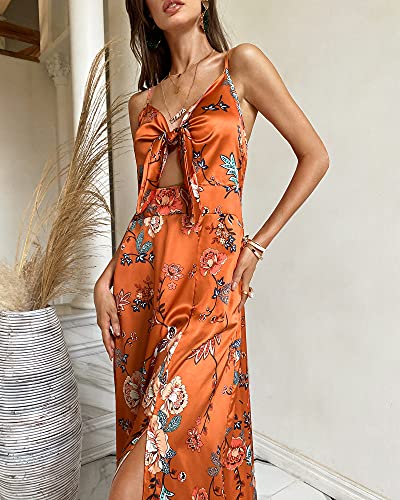 Image of Fashionme Women Spaghetti Strap Midi Satin Dresses Tie Front Backless Slit Cutout Dress Semi-Formal /Casual Flowy Lightweight