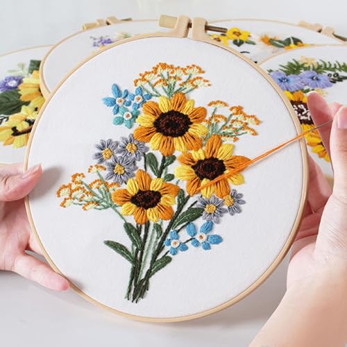 Image of Huacan 5 Sets Embroidery Kit for Beginners Include Embroidery Clothes with Pattern,Embroidery Hoops, Instructions,Color Threads Needle Kit (Sunflower) (Sunflower)