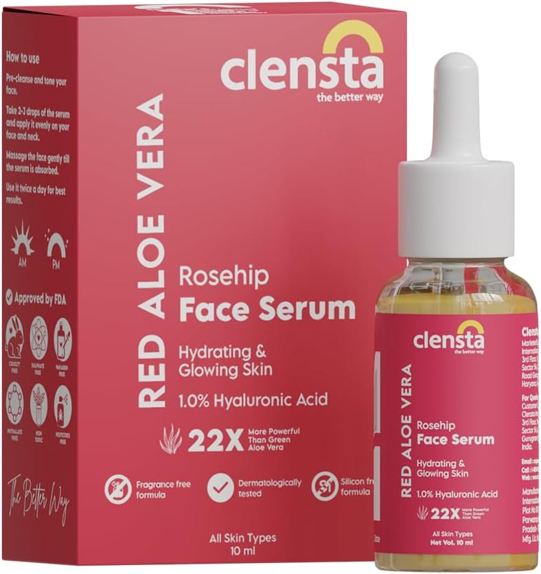 Clensta Red Aloe Vera Rosehip Oil & 1% Hyaluronic Acid Face Serum For Hydrating & Glowing Skin 10ml