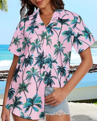 Image of Women Hawaiian Shirt Button Down Summer Tops Beach Short Sleeve Blouse