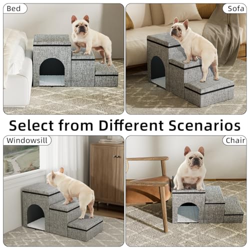 Dog Stairs with Storage, 3-Step Wider Dog Steps with Condo for Dogs and Cats, Pet Stairs for High Bed Climbing, Grey - Image 3