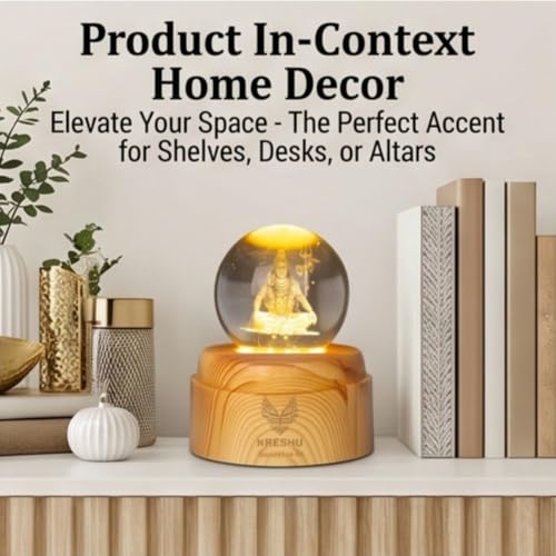 Image of 3D Crystal LED Night Lamp with Lord Shiva Engraving Wooden Base Warm Light Decorative Lamp Spiritual Home Decor Gift for Pooja Room, Bedroom Office USB Powered Crystal Ball Lamp