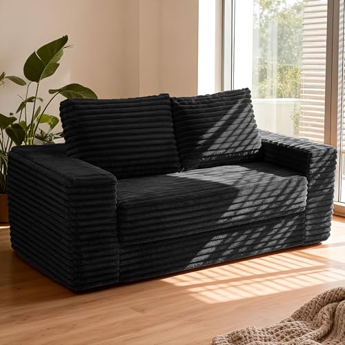 Image of HABUTWAY 62 inch Small Boneless Couch,3-in-1 Convertible Folding Sofa Bed, Corduroy Loveseat Sofa Bed w /2 Pillows for Living Room /Guest Room No Assembly Required, Black