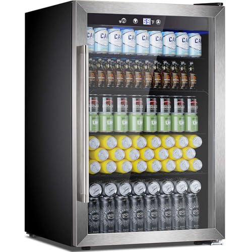Joy Pebble Beverage Refrigerator and Cooler,145 Can Beverage Fridge with Adjustable Thermostat, Mini Fridge with Stainless Steel Glass Door for Beer Soda Wine, Beer Fridge for Bar Office,4.4Cu.Ft