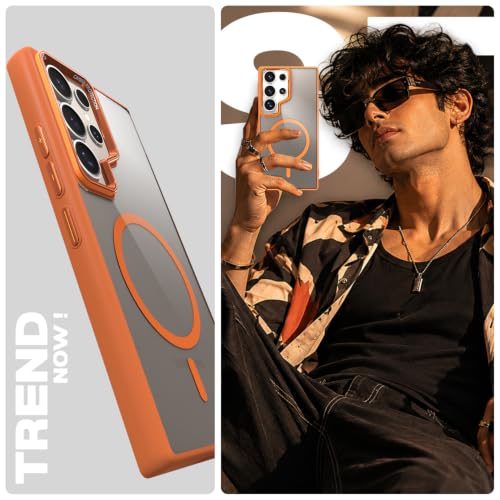 Image of Pikkme Back Cover for Samsung Galaxy S24 Ultra 5G | Shockproof | Mag-Safe Compatible | Hard Transparent Back | Premium Raised Camera Protection | Bumper Case (Orange Mag-Safe)