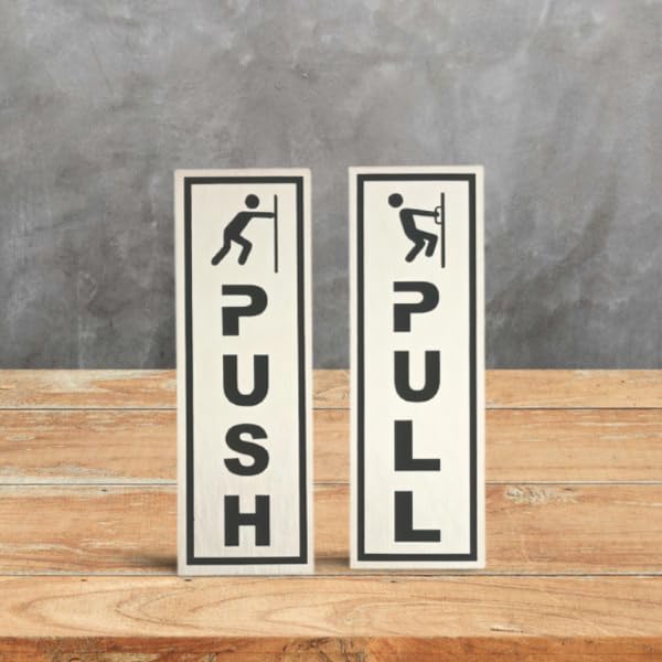 Graymark Push Pull Metal Sign Stickers Self Adhesive Stainless Steel Finish Push and Pull Signage Board for Glass Wooden Doors/Office Hospital Mall Gate Sticker Combo (Silver)
