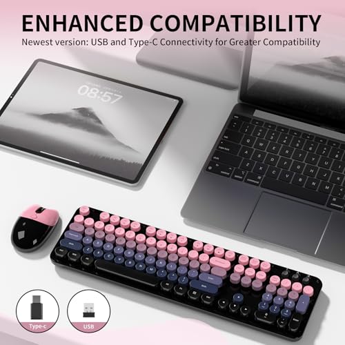 Image of Wireless Keyboard and Mouse, MOFII 104 Round Keycaps Retro Typewriter with OTG & Brush, Full-Size Ergonomic, Ideal for Windows PC, Home, Office and College Peach Pink