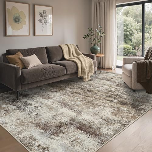 Image of BEIMO Area Rugs 8x10 for Living Room Bedroom, Modern Abstract Machine Washable Rug, Large Soft Low Pile Floor Carpet with Non Slip Backing for Dining Room, Beige /Brown