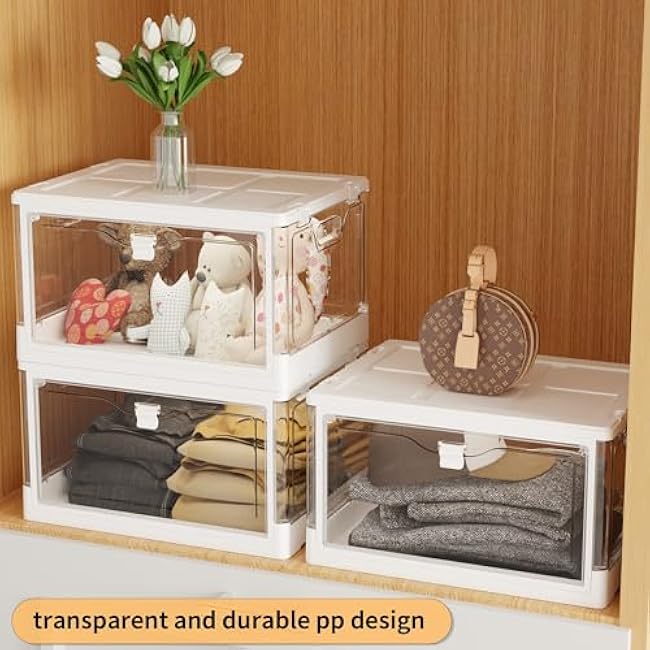 3-Pack 24 QT Clear Stackable Storage Bins with Lids & Magnetic Doors - Open Front Plastic Closet Organizers, Multifunctional Folding Storage for Bedrooms, Living Rooms, Study, and Kids' Toys