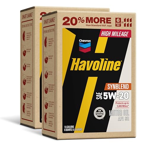 Image of Havoline Motor Oil 5w20 High Mileage Synthetic Technology Smart Change Engine Oil, 5W-20, 6 Quarts, Pack of 2