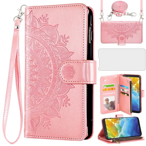 Asuwish Phone Case for LG Stylo 4 Wallet Cell Cover with Screen Protector Lanyard Wrist Strap Mandala Flower Zipper Card Holder Stylo4 Plus LGstylo4 Sylo4 Style 04 4+ Q Stylus Alpha Stlo4 Girls Pink