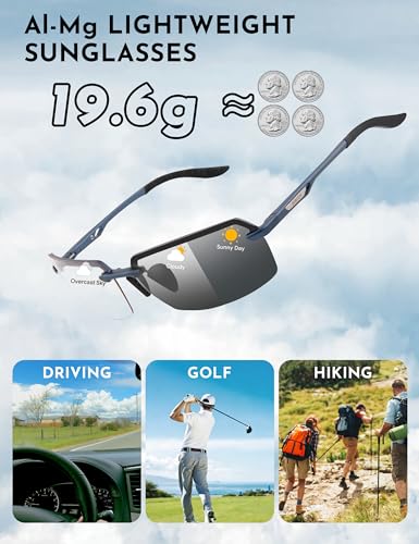 Image of BIRCEN Mens Metal Photochromic Sunglasses: UV Protection Al-Mg Sun Glasses Ultra-light Rimless Shades for Driving Cycling