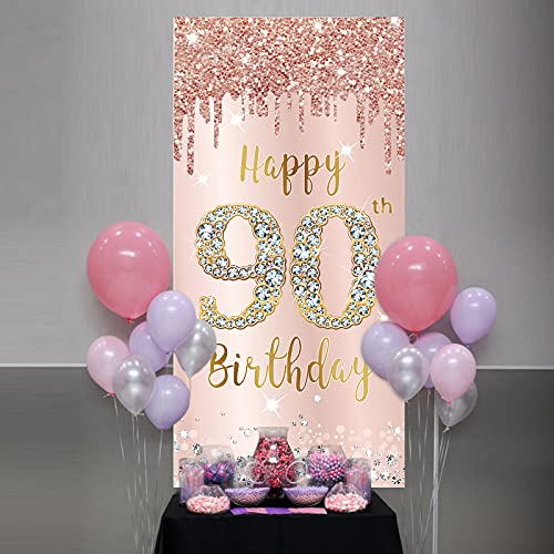 Image of 90th Birthday Door Banner Decorations for Women, Pink Rose Gold Happy 90th Birthday Door Cover Backdrop Party Supplies, Large 90 Year Old Birthday Poster Sign Decor