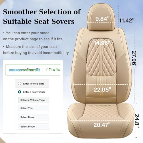 Image of Coverado Car Seat Covers Full Set, Automotive Front and Rear Seat Covers with Backrest, Nappa Leather Car Seat Protectors Waterproof, Universal for Most Vehicles,Beige