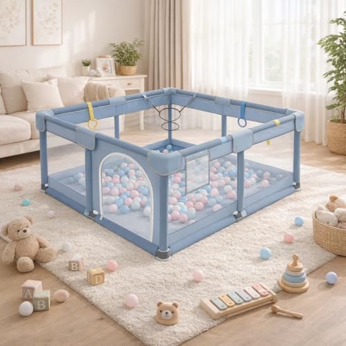 Parque infantil plegable para bebés de 130 x 130 cm, con red transpirable, valla estable para bebés con base antideslizante y cremallera, zona de juego segura para bebés y niños pequeños, gris