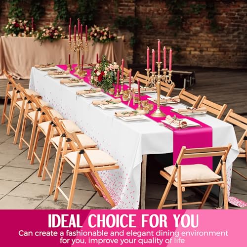 Image of Breling 8 Pack White and Hot Pink Disposable Plastic Tablecloths and Satin Table Runner Set, 54 x 108 Inch Tablecloth, 12 x 108 Inch Table Runners for Birthday Baby Shower Wedding Graduation