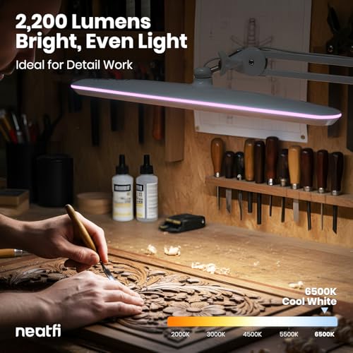 Image of Neatfi XL 2,200 Lumens 24W LED Desk Lamp - 23 inch Wide Shade | Dimmable Eye-Caring Task Light | Adjustable Arm | Home Office, Study, Crafts & Nail Tech (White with Pink Ring, Non-CCT with Clamp)