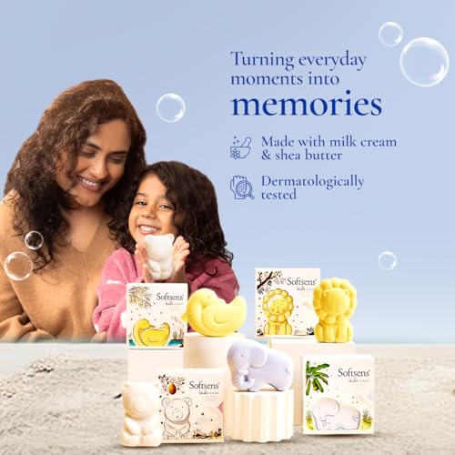 Image of Softsens Assorted Kids Soap 75g each ( Pack of 4 x 75g) | Gentle Nourishing Care with Shea Butter & Natural Milk Cream, Dermatologist Tested Baby Soap, Moisturizing Animal Shape Bar Soap For Toddlers & Kids 2-10 Years