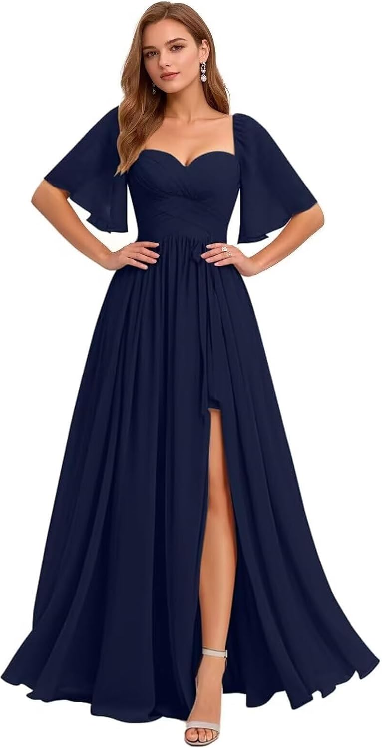 Flutter Sleeves Pleated Bridesmaid Dresses Long for Women Chiffon Ruffle Slit Formal Evening Gowns