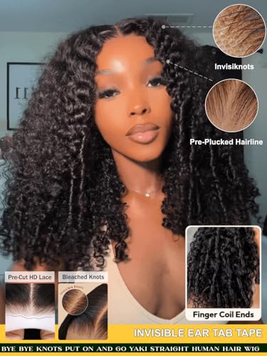 Image of Bye Bye Knots Curly Human Hair Wig with Finger Coil Ends 22inch | 7x5 HD Pre Cut Lace Pre Bleached Invisible Knots 150% Density Put On and Go Glueless Curly Wigs for Beginner