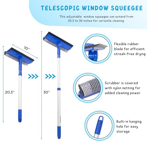 Image of Window Cleaner Tool for Home with 20''-30'' Extension Pole, Squeegee for Car Windshield Cleaning, Glass Washer for Shower Doors, Mirror