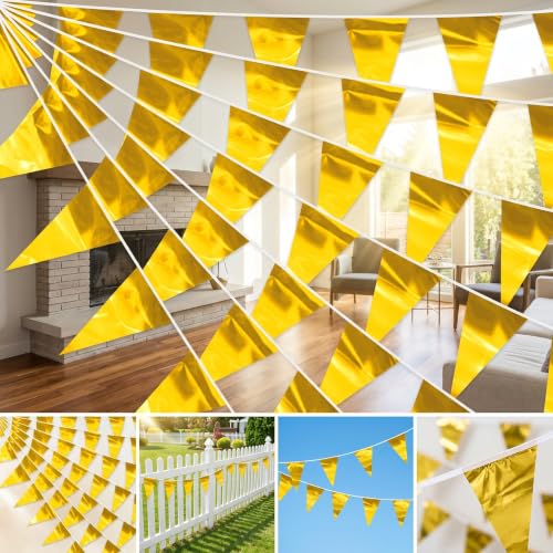 Image of 32.8FT Gold Glitter Triangle Pennant Banner Flag Metallic Bunting Outdoor Garland for Christmas Graduation Wedding Engagement Anniversary Bachelorette Birthday Bridal Shower Valentine's Party Decor
