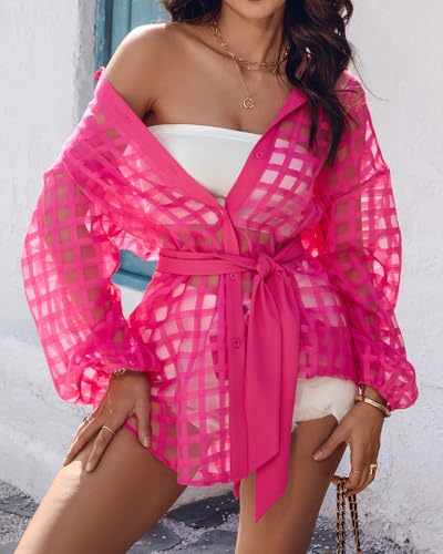 Womens Plaid Sheer Mesh Long Sleeve Open Front Shirt Coat Lightweight Tie Waist Cardigan Casual Daily Office Outdoor3