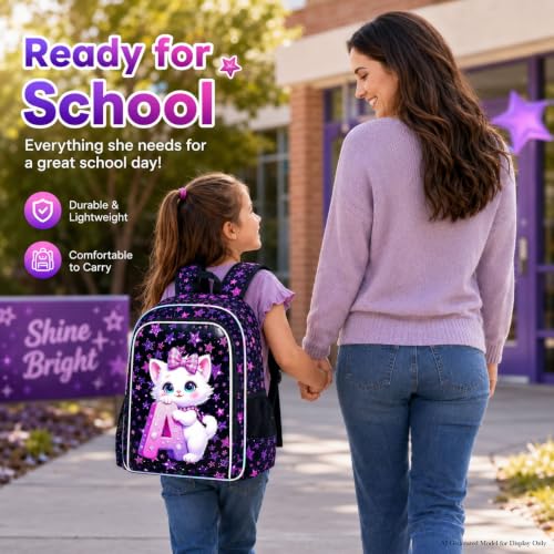 Image of CCJPX 16 inch Cat Backpack for School, 3Pcs Girls Kids Bookbag with Lunch Box, Water Resistant Elementary School Bag for Kindergarten Preschool Toddler (Black)