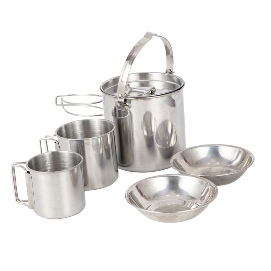 SUPVOX Ustensiles Cuisine Multifonctionnels pour Camping, Bouilloire Portable en Acier Inoxydable, Bol Pliable, Tasse Et Couverts 5 Pièces, Léger, Solide, Adapté Randonnée Et Plein Air