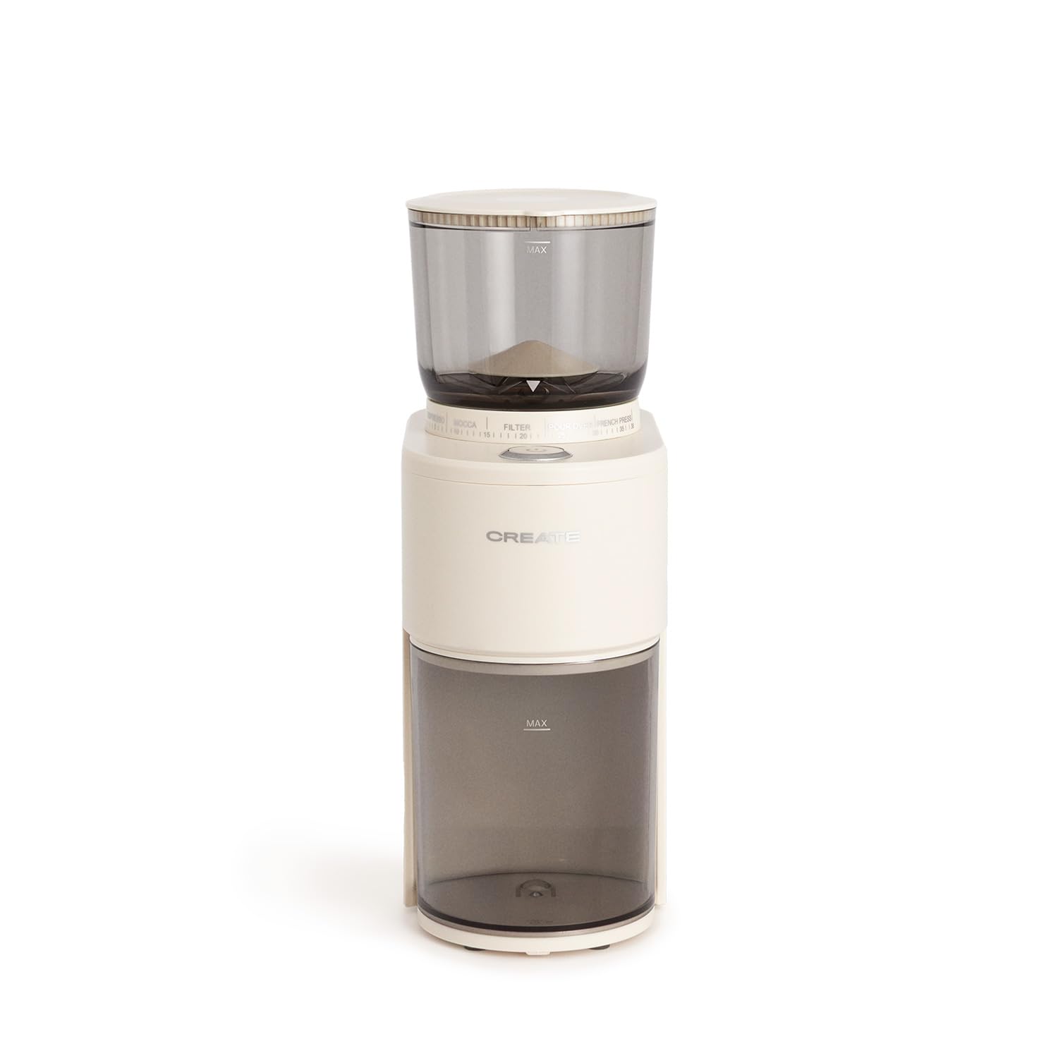 CREATE/​COFFEE GRINDER STUDIO PRO/​Molinillo de café con depósito blanco roto/​Capacidad de hasta 150g, 38 niveles de molienda, sistema de seguridad, 200W