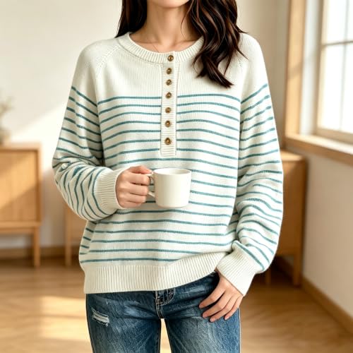 Lightweight Sweaters for Women Loose Thermal Button Crew Neck Soft Sweaters - image 3