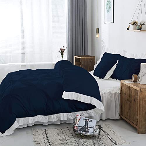 Image of 300 TC Pinch Ruffle 2 Tone Duvet /Razai /Blanket Cover with 2 Pillow Cover- 100% Cotton (Zipper Closure) Razai Cover 3 PC Set, Soft & Lightweight-Queen Size White /Navy Blue