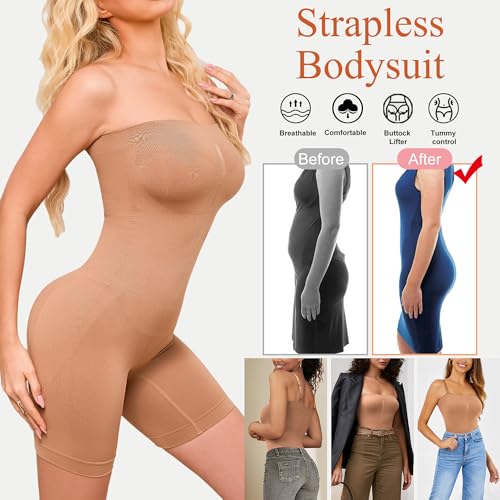 Image of HOMETA Strapless Bodysuit Shapewear Tummy Control for Women Seamless Full Body Shaper Shaping Shorts with Removable Straps