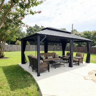 PURPLE LEAF 12' X 18' Patio Hardtop Gazebo Outdoor Pavilion Gazebo with Galvanized Steel Double Roof for Patio Lawn Garden Aluminum with Curtains Grey