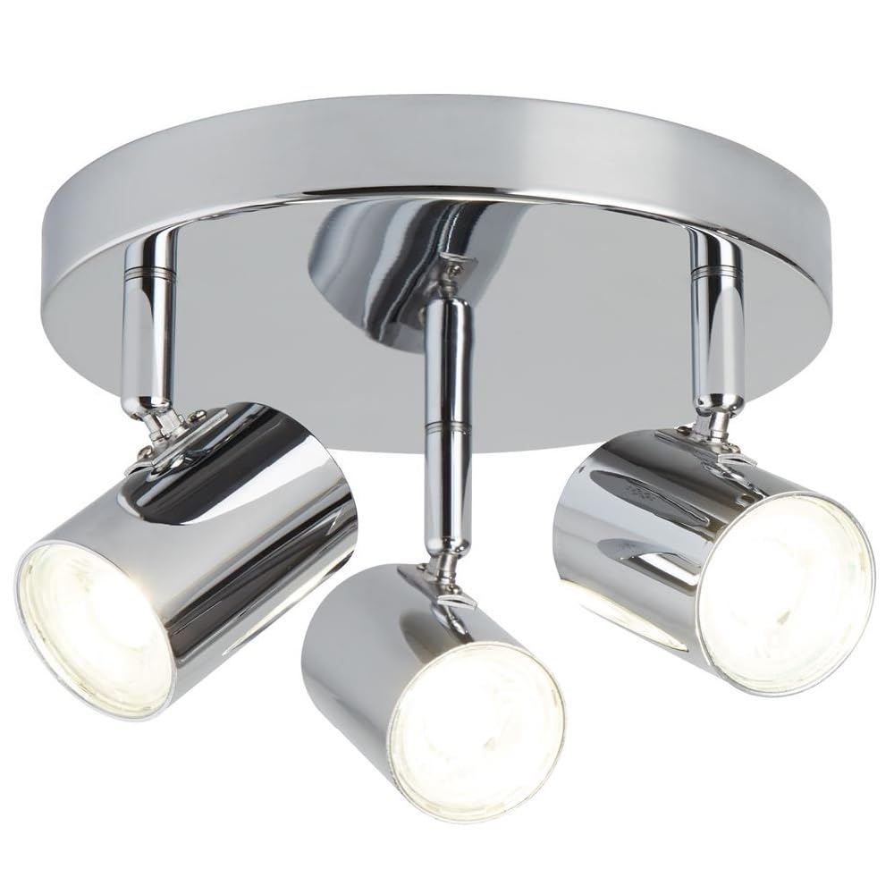 Britalia LED Polished Chrome Metal Modern 3 Lamp Cylindrical Heads Round Plate Ceiling Spot Light | 26cm Diameter | 1050 Lumen 3000k Warm White | Adjustable Chrome Necks | Retro Industrial Vibe