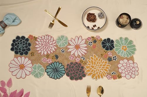 Image of MFU - Made For You Cotton Beaded Table Runner 13x36 Inches Beige Blue | Handmade Decorative Rectangular Table Runner for Dining Table, Center Table, Coffee Table, Home & Occasion Decor